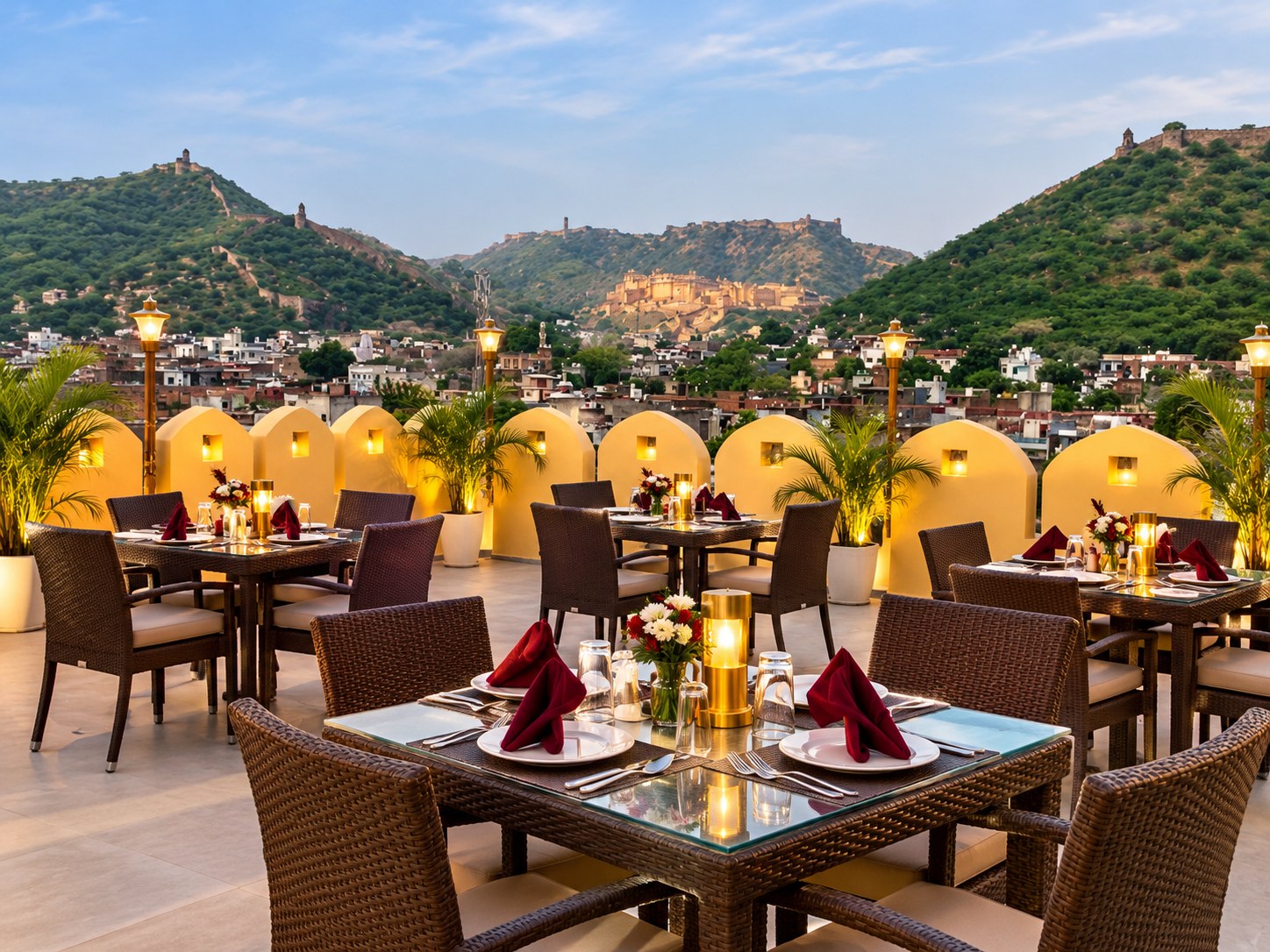 AI-generated rooftop dining concept with Amer Fort view